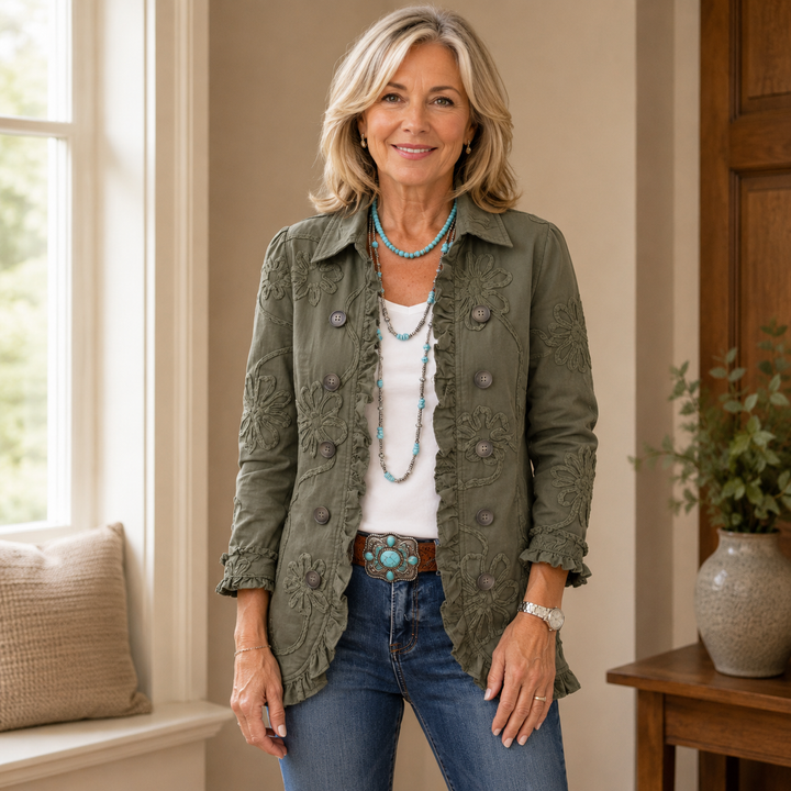 Kimberly | Boho-Chic Floral Embroidered Utility Ruffled Trim Jacket