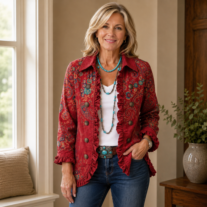 Kimberly | Boho-Chic Floral Embroidered Utility Ruffled Trim Jacket
