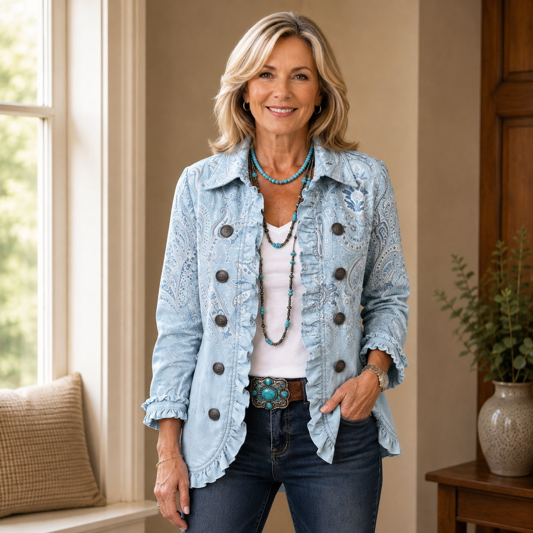 Kimberly | Boho-Chic Floral Embroidered Utility Ruffled Trim Jacket